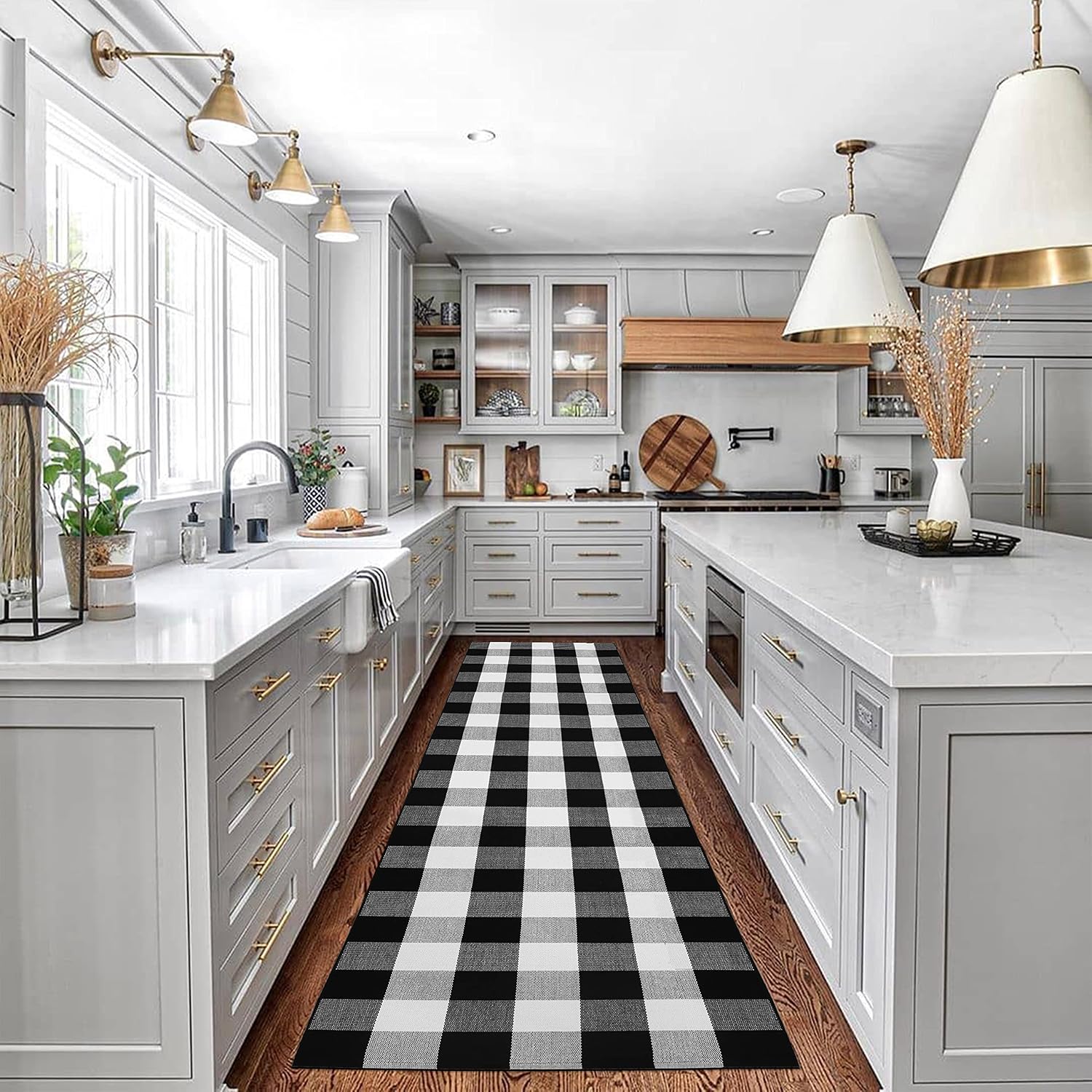 KILOCOCO Buffalo Plaid Checkered Rug - 2.3'x8' Front Door Mat Outdoor,Black and White Outdoor Rug, Cotton Washable Front Porch Rug Layered Doormats for Front Porch/Farmhouse/Entryway