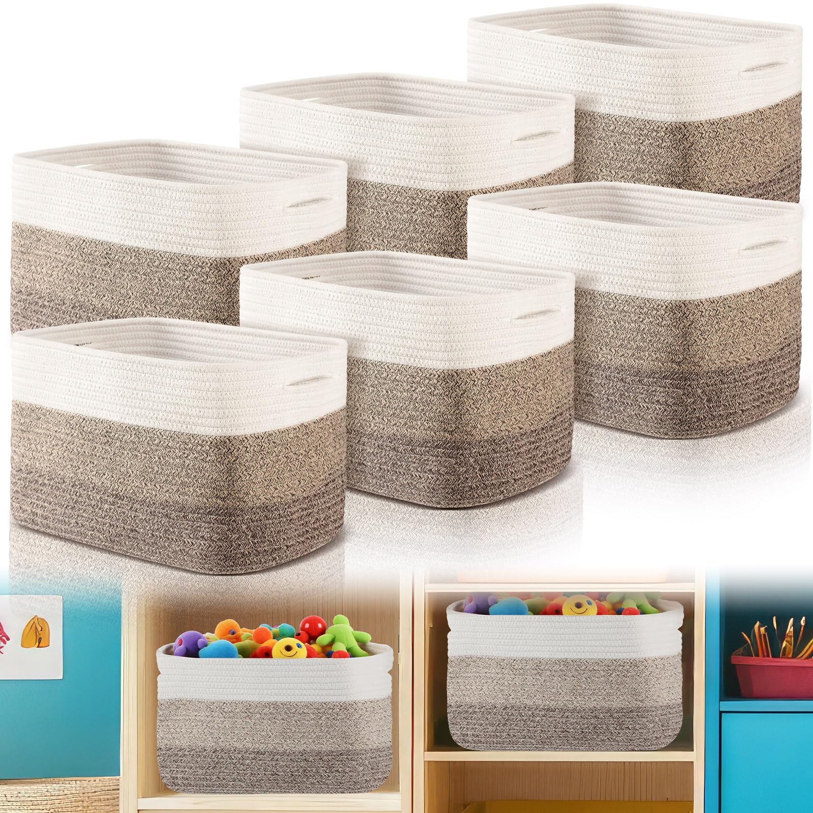 Geetery Paquete de 6 cestas de almacenamiento para organizar 14.8 x 9.8 x 8.9 pulgadas, cesta tejida para almacenamiento, contenedores organizadores de cuerda de algodón con asa para regalo, guardería