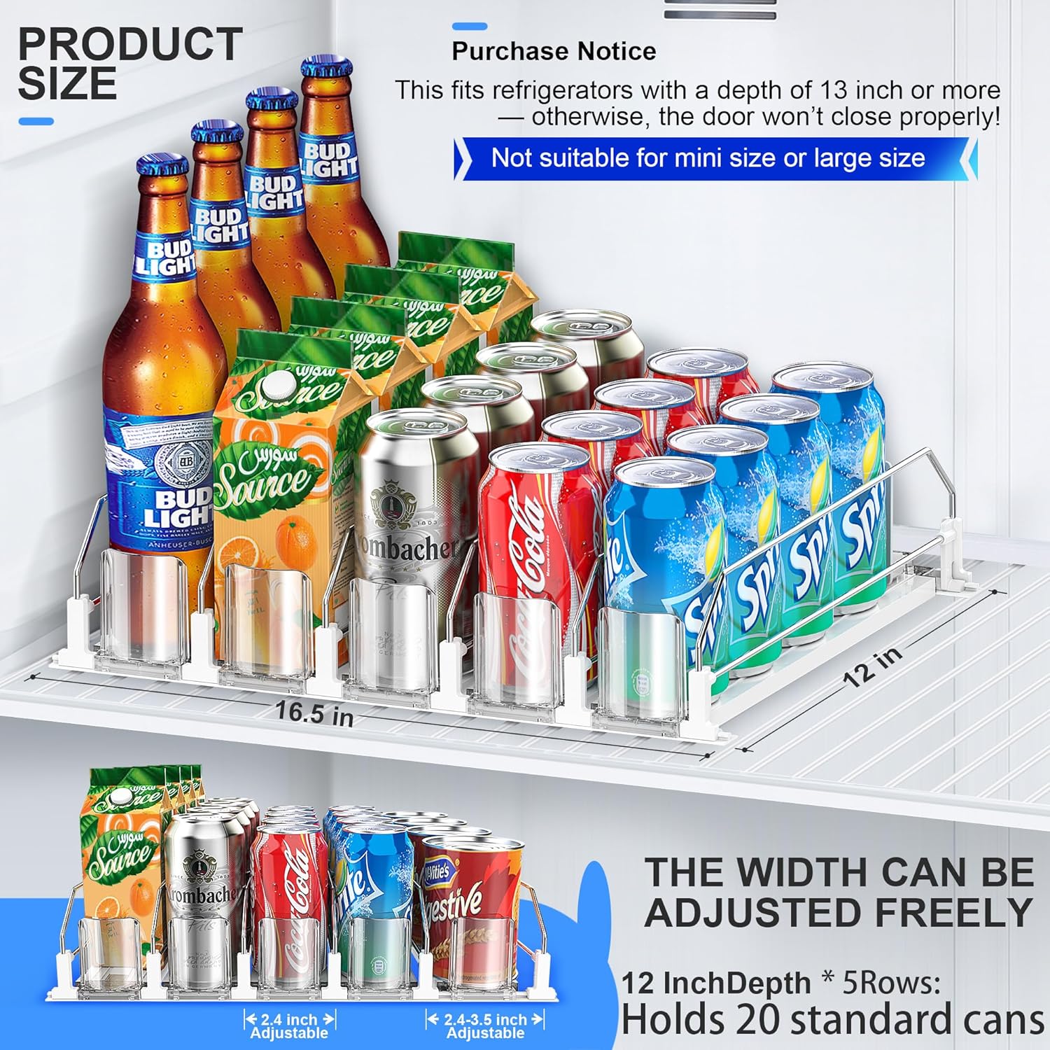 Drink Organizer for Fridge, Upgraded Drink dispenser for fridge, Automatic Pusher Glide,12oz 16oz - Can Dispenser for Fridge - Holds up to 20 Cans - 5 Rows White