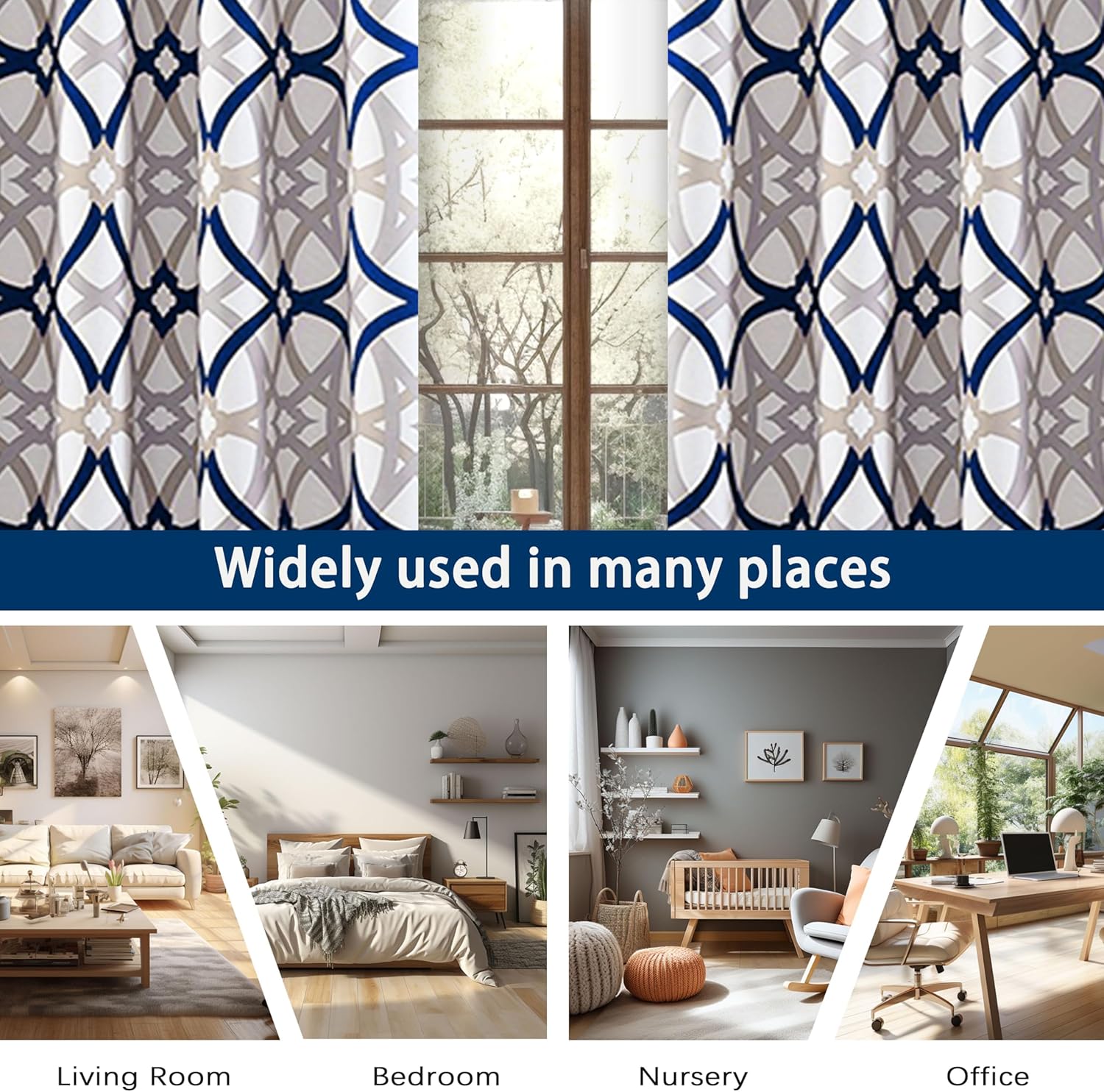 DriftAway Alexander 80% Blackout Curtains for Living Room 250GSM Pattern Match Thermal Insulated Room Darkening Geo Moroccan Mid Century Grommet Bedroom Drapes 2 Panels 52 Inch by 96 Inch Navy Gray