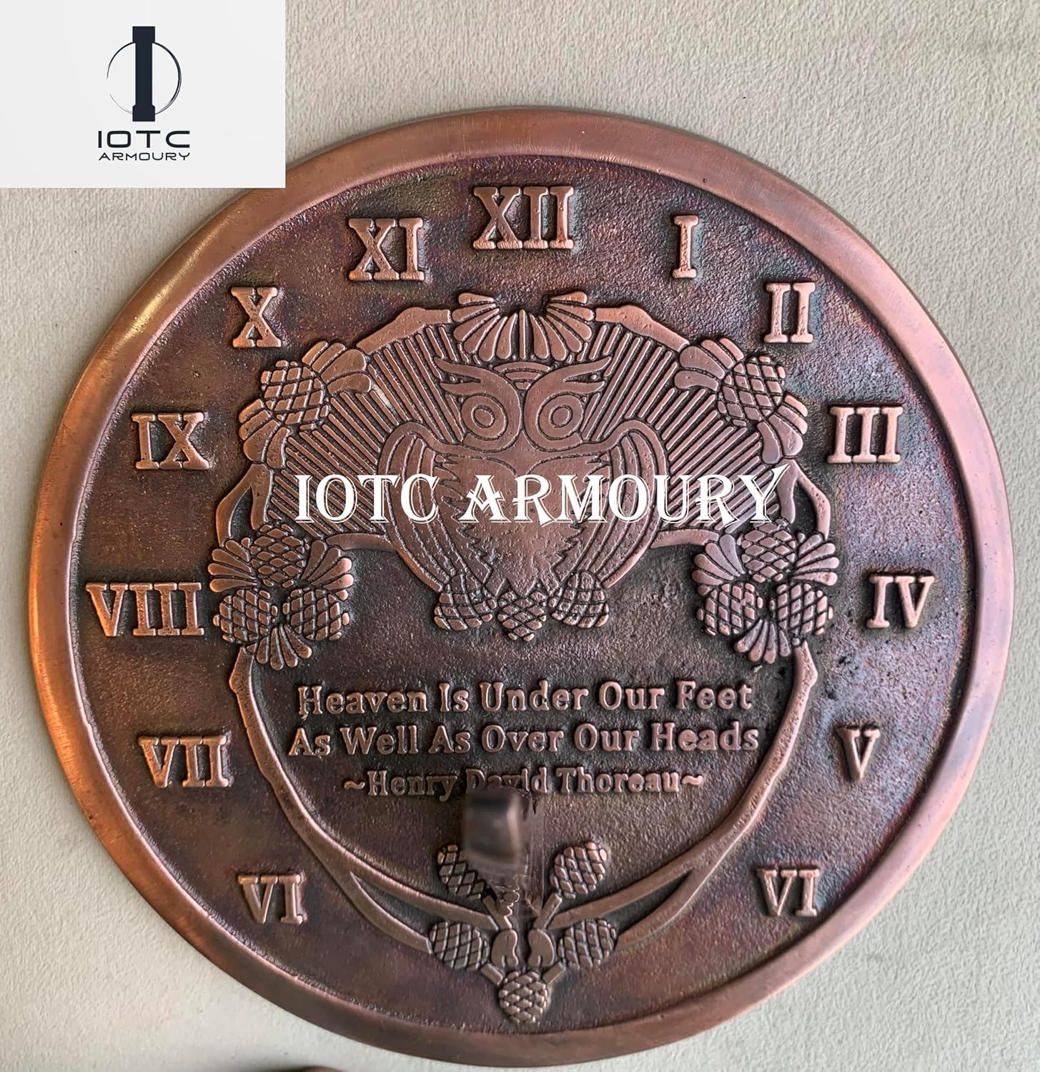 Brass Thoreau Sundial with Owl Face-Decorative Garden Timepiece-Garden Sundial-Solid Brass Verdigris Highlight Finish Perefct for Gifting