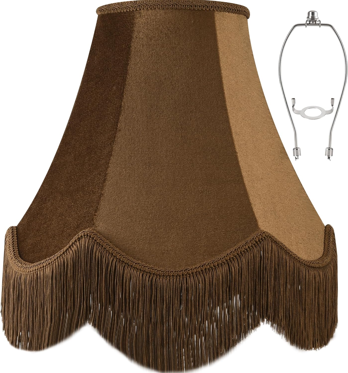 PAPAYA Coffee Brown Fringe 1 Pc 6" x 13" x 10.6" Scalloped Lamp Shade | Hand Crafted,Velvet Fabric,Victorian Lamp Shade,Spider Fitter,Bell Lamp Shades for Table Lamps,Easy Assembly