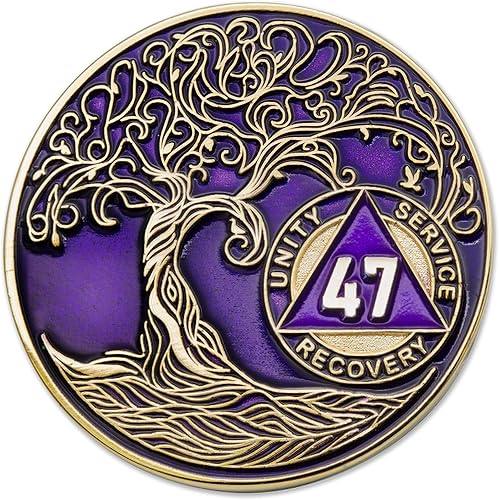 Miniatura 5 de Sobriety Mint Medallón AA de 13 años, chip de recuperación AA chapado en oro, árbol de la vida, morado