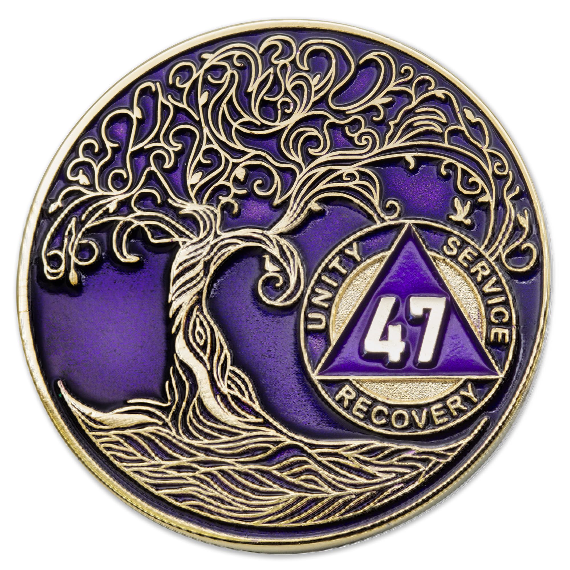 1 to 50 Year Twisted Tree of Life Sobriety Coin - Gold Plated AA Chips &amp; Medallions - 47 Year Sobriety Coin - Purple