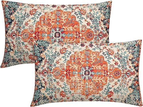Juego de 2 fundas de almohada bohemias de 12 x 20 pulgadas, color naranja y azul, estilo étnico para sofá, diseño floral de coral óxido, juego de 2