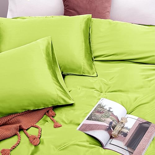 Miniatura 5 de Vonty Juego de sábanas de satén suaves y sedosas tamaño Queen, color verde lima, 1 sábana bajera de bolsillo profundo + 1 sábana encimera + 2 fundas