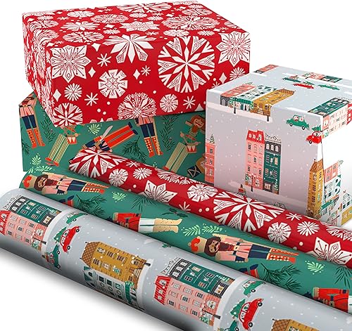 Vista 8 de Hallmark Papel de regalo de Navidad con líneas para corte en el reverso (3 rollos: 120 pies cuadrados en total), escena de la ciudad de invierno