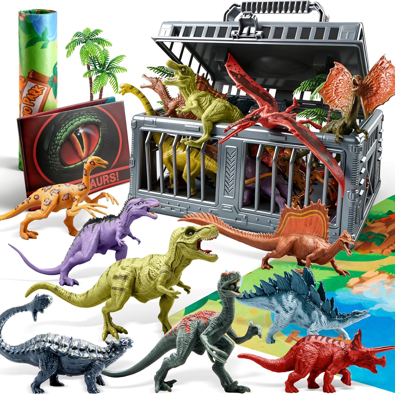 JOYIN Dinosaur Toys with Activity Play Mat & Storage Cage, 19 PCS Realistic Dinosaur Figures & Trees for Toddlers Kids Ages 3-5, Ideal for Boys and Girls Gift
