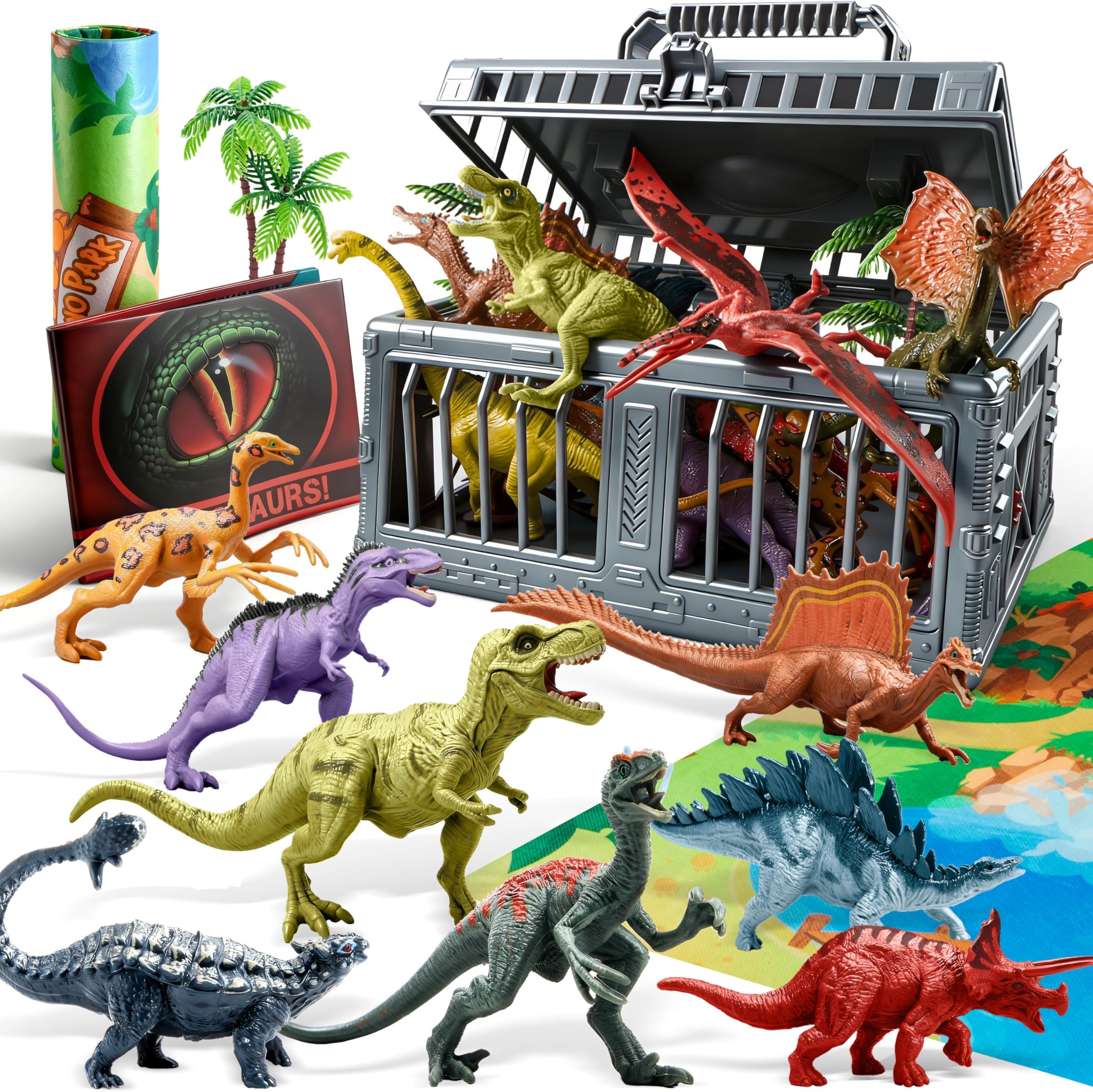 Dinosaur Toys with Activity Play Mat & Storage Cage, 19 PCS Realistic Dinosaur Figures & Trees for Toddlers Kids Ages 3-5, Ideal for Boys and Girls Gift