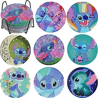 GemZono 8 Pcs Diamond Painting Coasters with Holder, DIY Coasters Stitch Diamond Painting Coaster Kits for Beginners Adults Cartoon Diamond Art Coasters for Kids Drinks Coaster Craft Supplies 4 inch