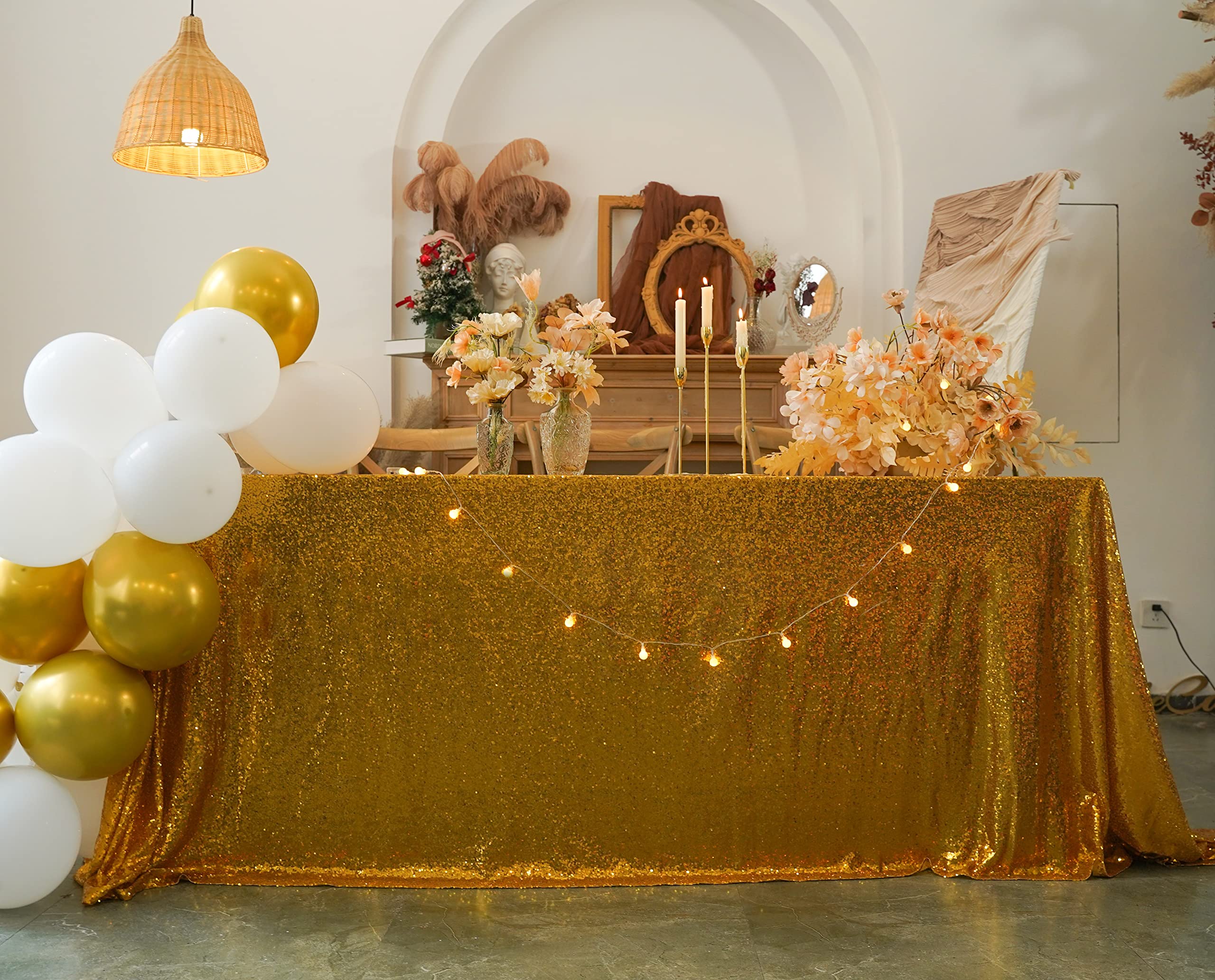 Tovaglia con paillettes dorate, 228,6 x 335,3 cm, tovaglia rettangolare con lustrini, per matrimoni, compleanni, ricevimenti, decorazioni natalizie