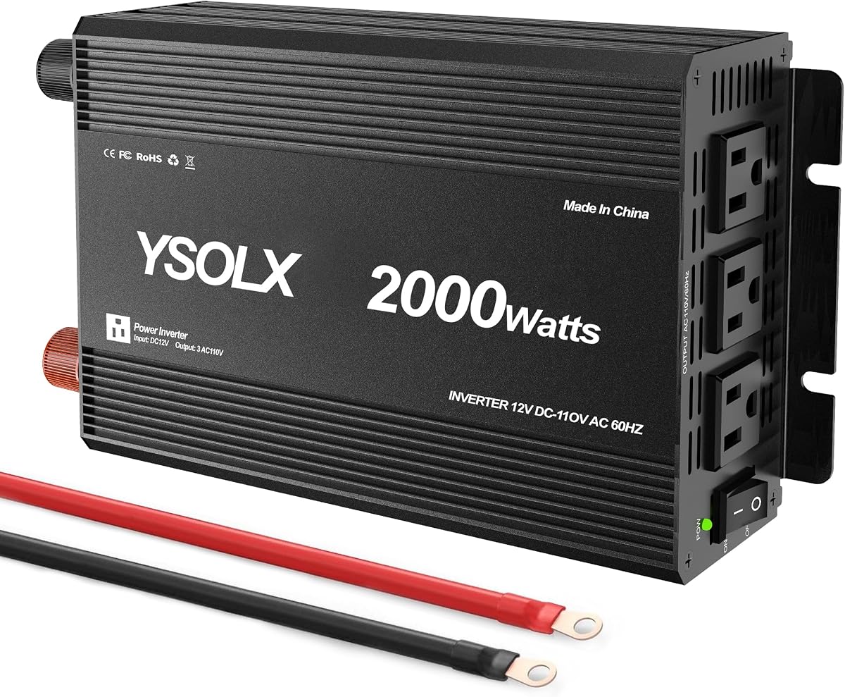 Inversor de corriente de 2000 W, 12 V a 110 V, inversor de CC a CA con 3 salidas de CA para camping, camión RV, uso de emergencia en el hogar (pico de 4000 W)