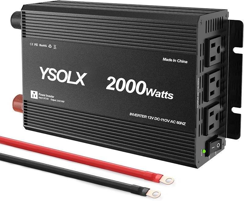 Inversor de corriente de 2000 W, 12 V a 110 V, inversor de CC a CA con 3 salidas de CA para camping, camión RV, uso de emergencia en el hogar (pico de 4000 W)