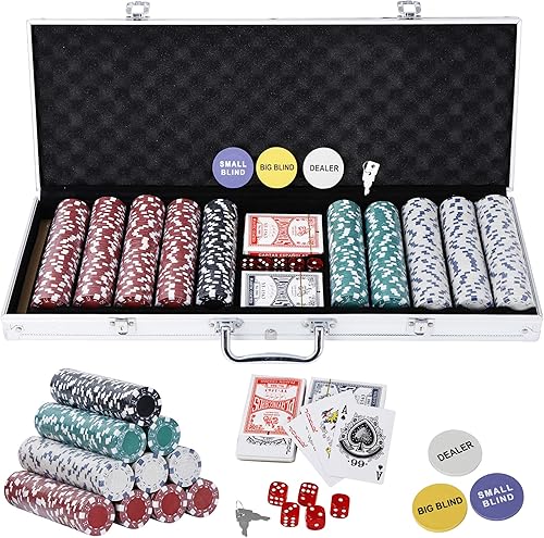 Smartxchoices Juego de fichas de póquer de 500 piezas de 0.41 oz estilo dados, fichas de póquer de casino de arcilla con estuche de aluminio, dados