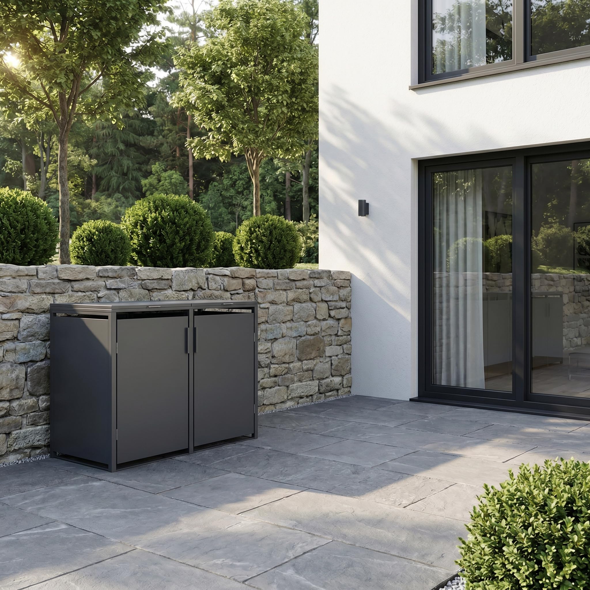 SMARTBOX 2er Mülltonnenbox für 120 l in Anthrazit - Premium Verkleidung Wetterfest & Korrosionsbeständig - Storage Cabinet Möbelschrank mit Gasdruckdämpfer Soft-Close Deckelseilzug Magnetverschluss