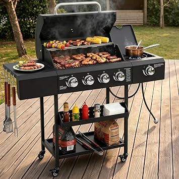 50,000 BTU Propane Grill with Side Burner, 4-Burner Outdoor Propane Gas Grill, Heavy Duty Cast Iron Cooking Grate BBQ Grill with Storage Racks & Hooks, for Outdoor Patio Garden