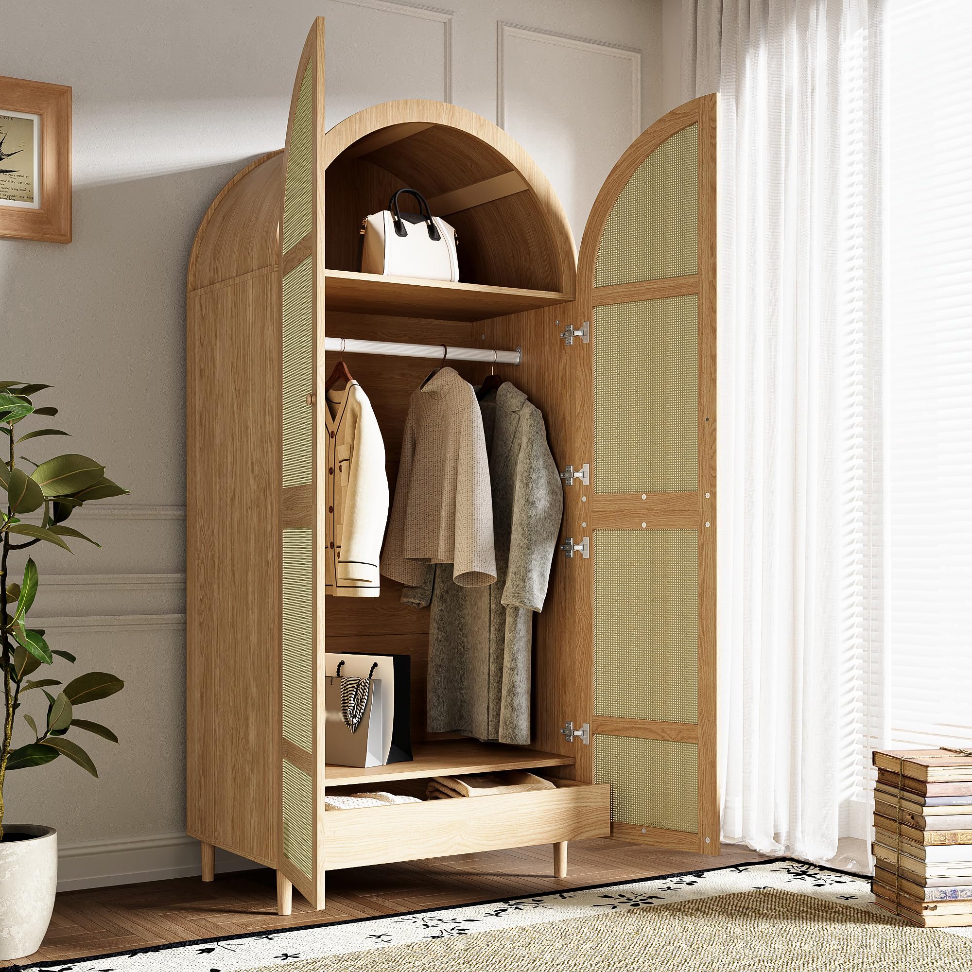 REXO Armadio moderno con ante curve, ampio spazio di archiviazione, con asta appendiabiti e cassetti, lussuoso, adatto per camera da letto e ingresso, colore naturale