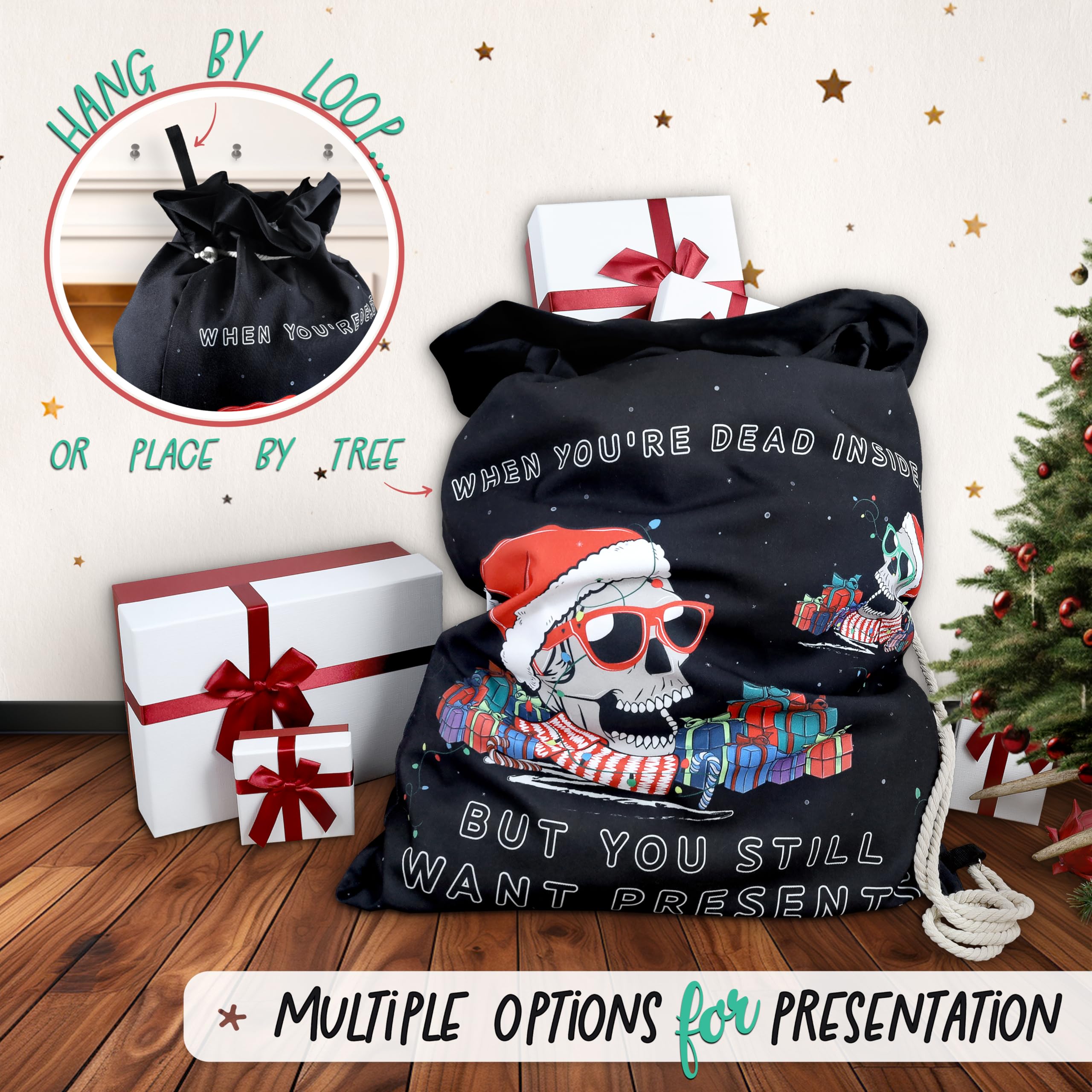 Saco de Papá Noel negro, divertidas cabezas de esqueleto de calavera, lona de algodón, ribete de terciopelo negro, bolsa de Navidad gótica, paquete de hombro de Navidad de lujo, tamaño grande, 30 x 24
