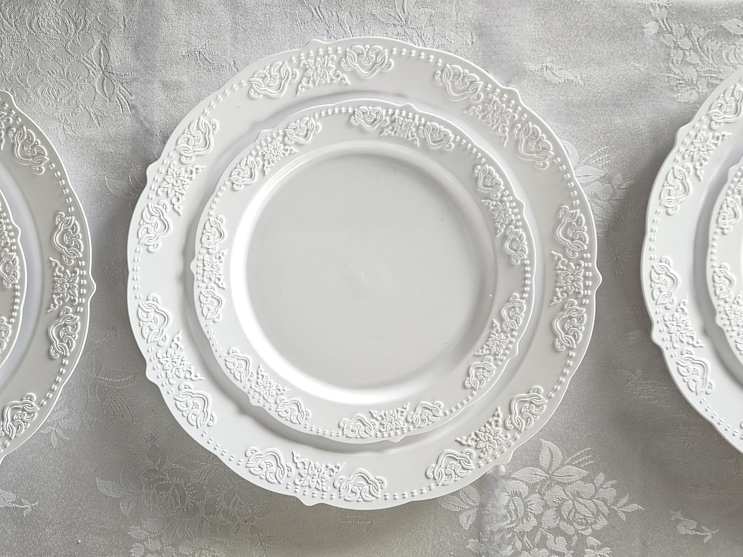 " OCCASIONS " 50 Plates Pack (25 Guests) Vintage Wedding Party Disposable Plastic Plate Set -25x10.25'' Dinner +25x7.5'' Salad/Dessert plates (Portofino Plain White)
