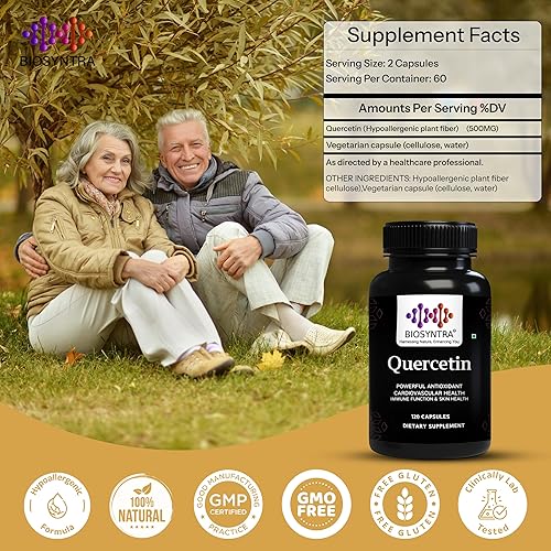 Miniatura 3 de Quercetina pura - 500 mg - Apoyo inmunológico, salud celular y salud cardíaca - Suplemento antioxidante - Sin gluten y sin OMG - 120 cápsulas