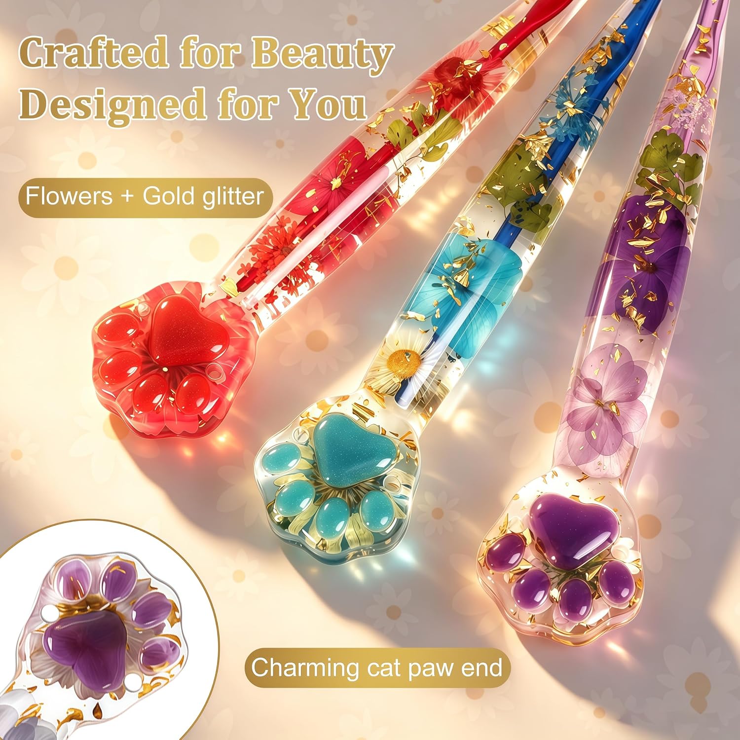 Ergonomic Crochet Hooks Set of 3 Sizes – 2mm 2.5mm 3mm with Pretty Floral Resin Handle and Cute Cat Claw End, Lightweight Handcrafted Hook Helps Reduce Hand Fatigue for Crafters & Beginners