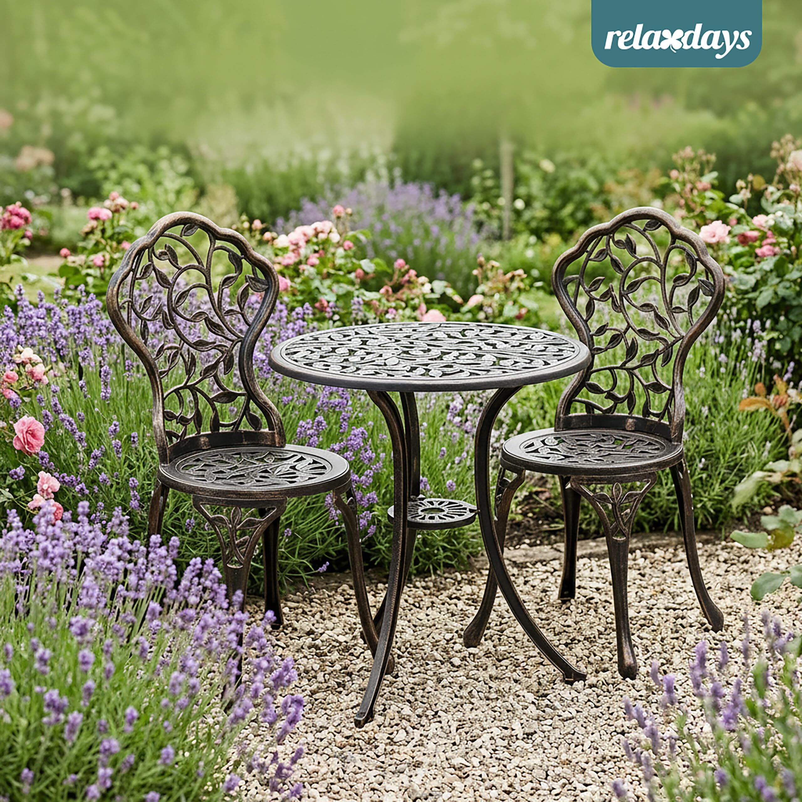 Relaxdays Balkonmöbel Set, 3-teilig, Balkontisch mit 2 Stühlen, Bronze