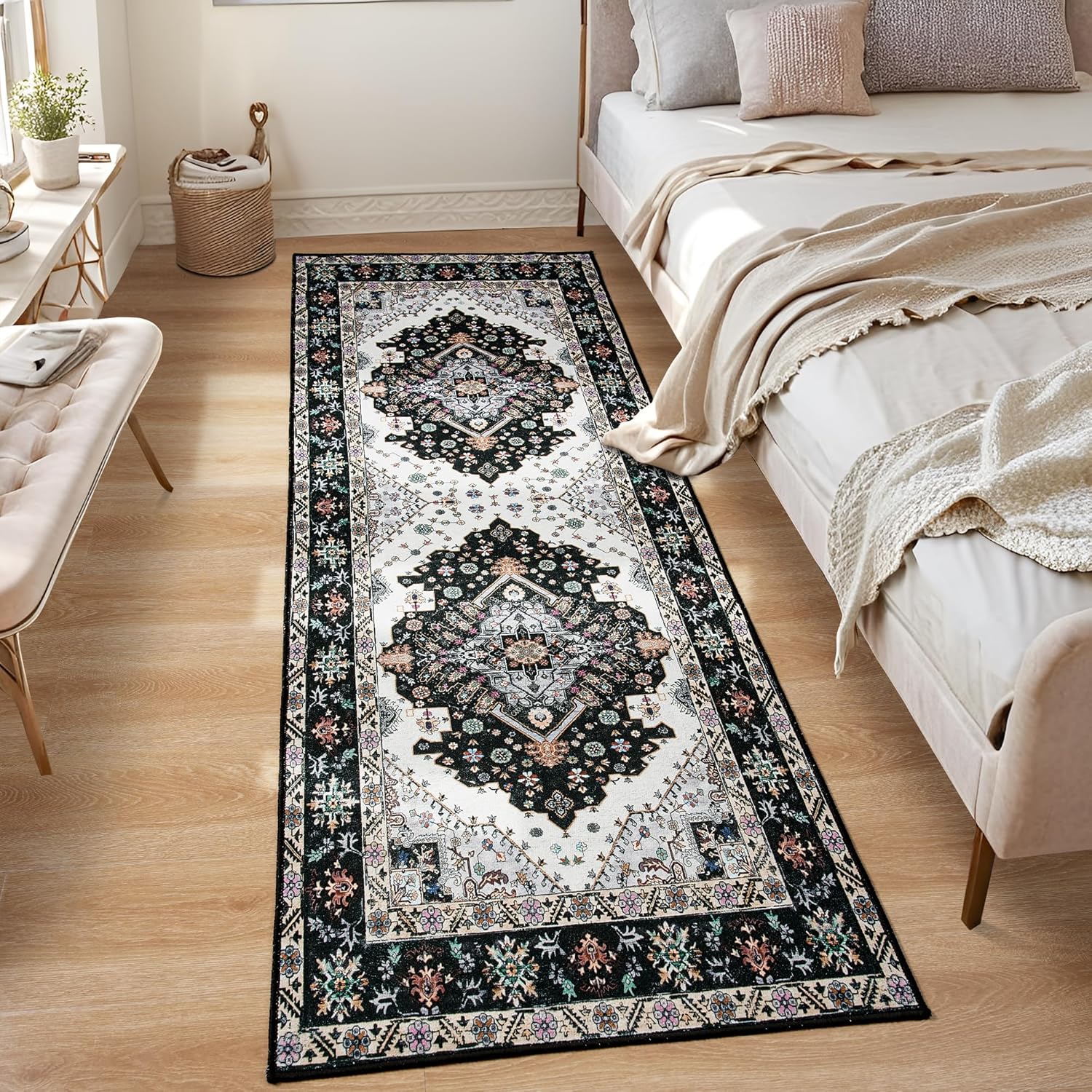 Noahas Black Hallway Runner Rug 2x6,Vintage Machine Washable Kitchen Runner Area Rugs with Rubber Backing Non Slip Print Carpet for Hallways,Entryway,Laundry Room,Bathroom,Home Decor
