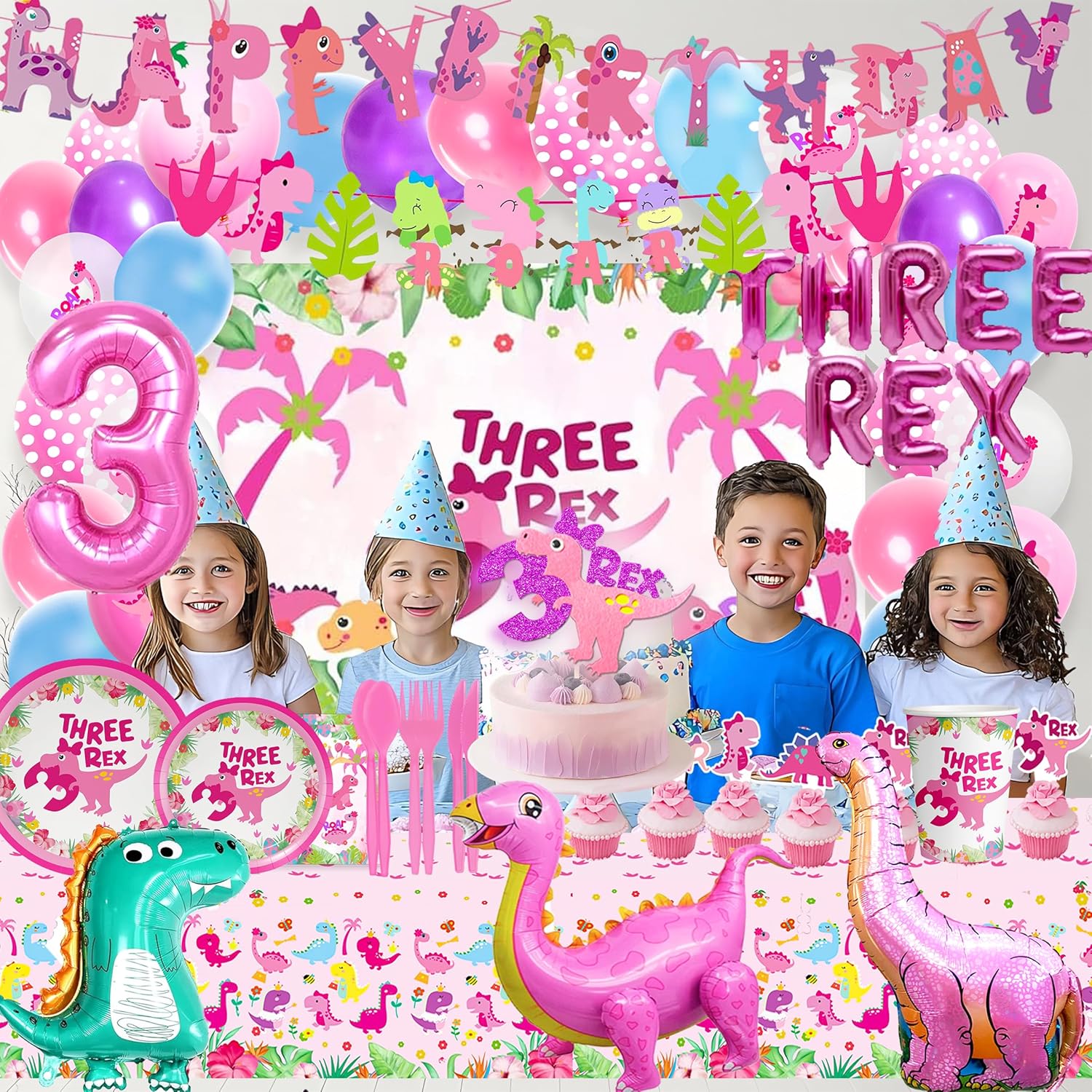 Pink Three Dino Rex Birthday Party Decorations Dinosaur 3rd Birthday Décorations Three inspired Rex Birthday Party Supplies include balloon backdrop knive fork spoon plate napkin cup tablecloth