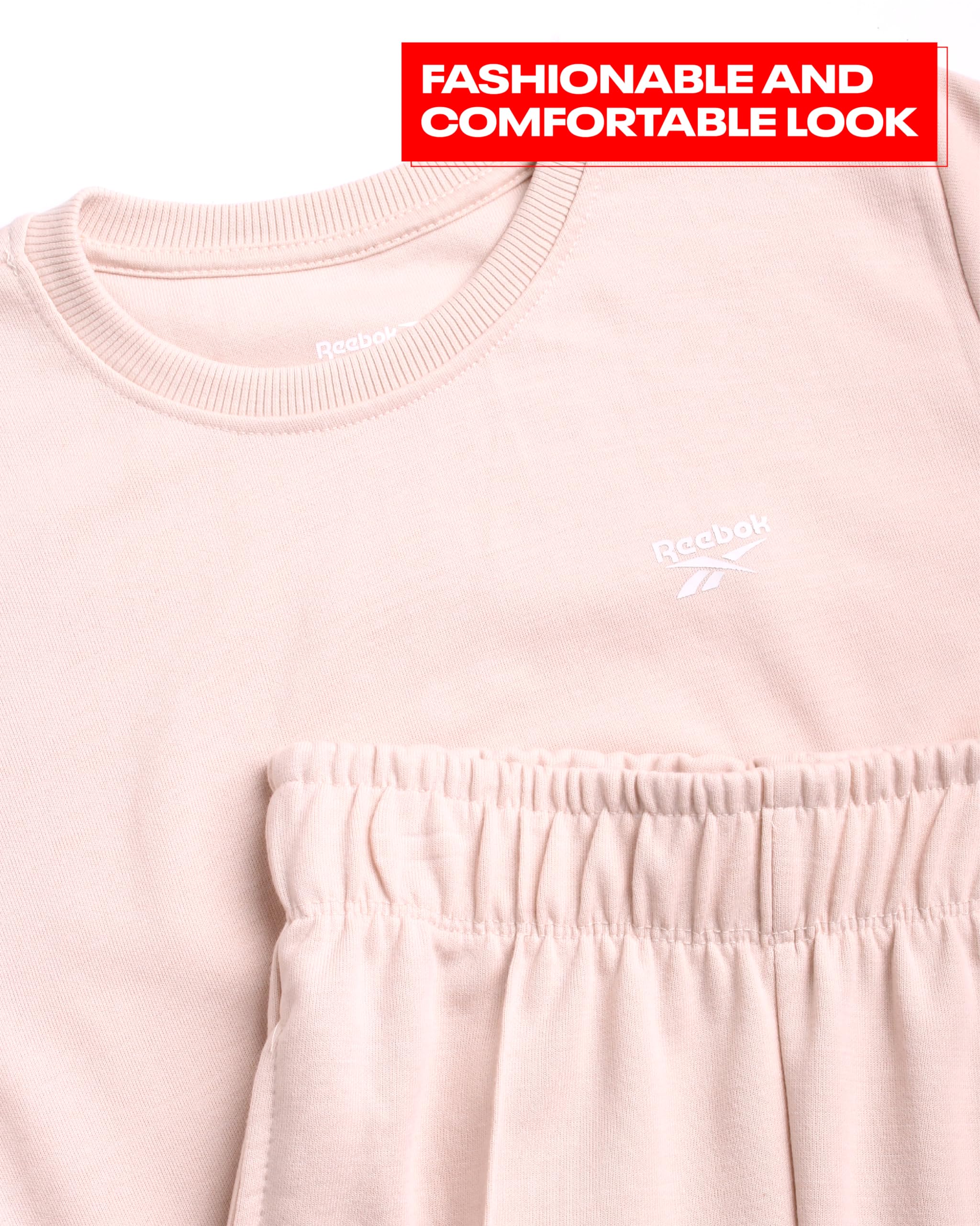 Reebok Set di pantaloni da jogging da bambina, 2 pezzi, maglietta corta e pantaloni della tuta a doppia maglia, tuta estiva per ragazze (7-12)