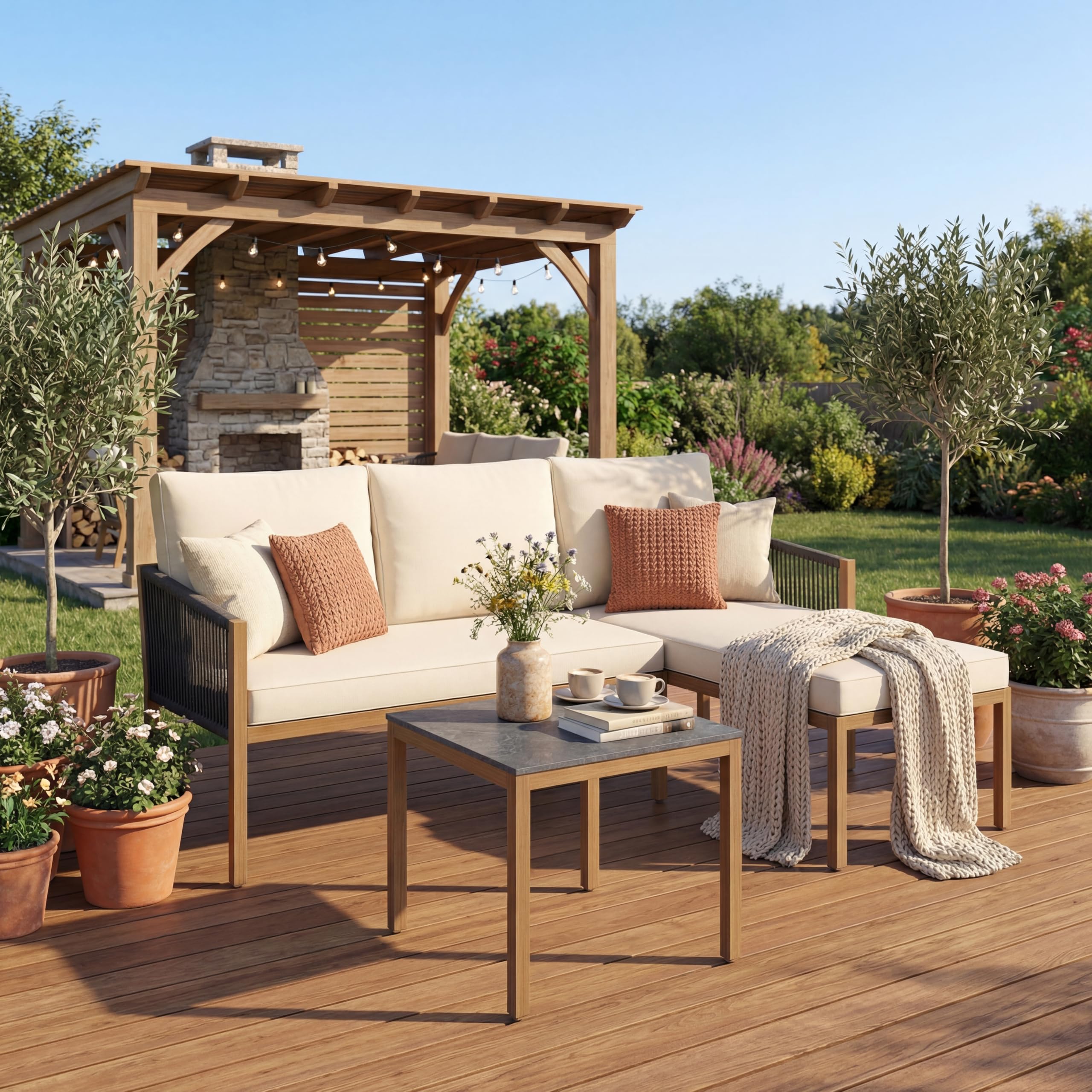 GIANTEX Conjunto de Muebles de Jardín de 3 Piezas, Set de Sofá de 2 Plazas, Tumbona y Mesa Cuadrada con Cojines de Fundas Desmontables, Marco de Metal, Tablero Efecto Mármol, para Terraza, Patio