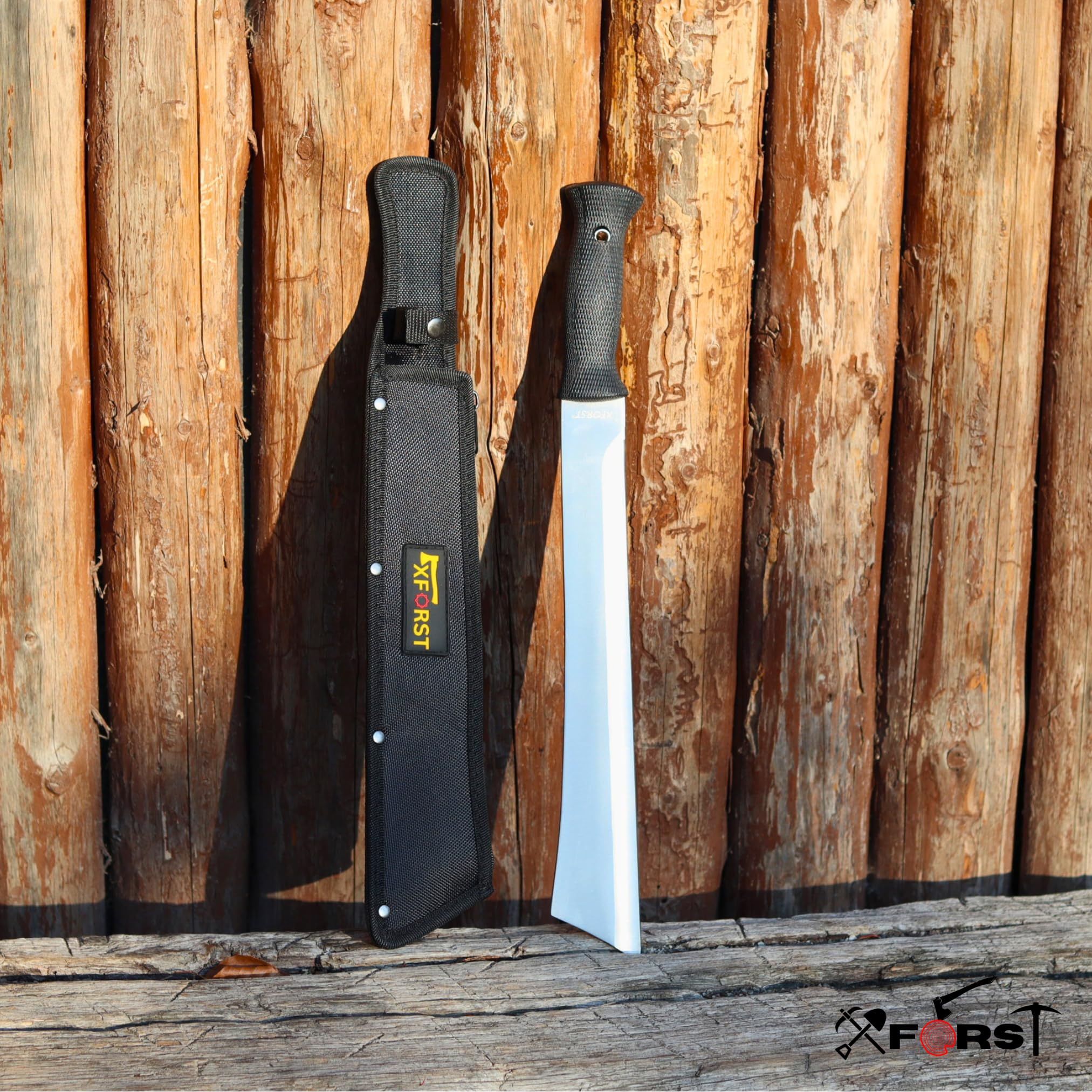 Machete Xforst da Bosco, Roncola Professionale e Grande Coltello Outdoor, Attrezzo da Taglio per Giardino, Rovi, Rami e Legna, Acciaio Inossidabile, con Custodia, 46 cm, BUC