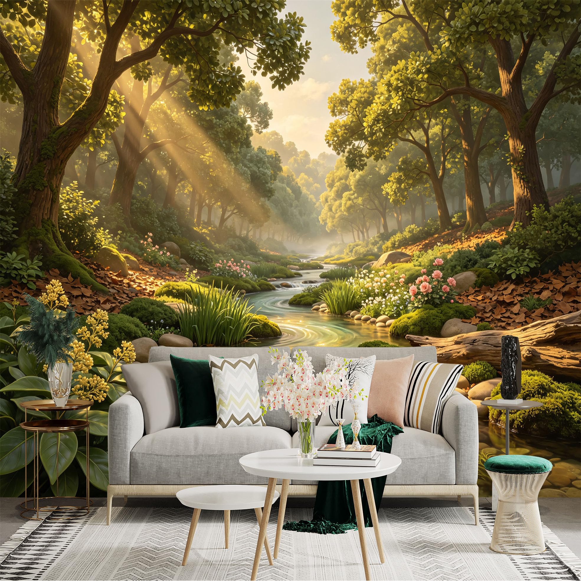 Lnzczhyre Bh260719610 Custom Size Wall Sticker Mural， Sunlit Forest Stream， Lush Woodland Landscape， Flowing Creek， Peaceful Nature Scene， For Wall Decoration， Peelandstick Wall Decals.
