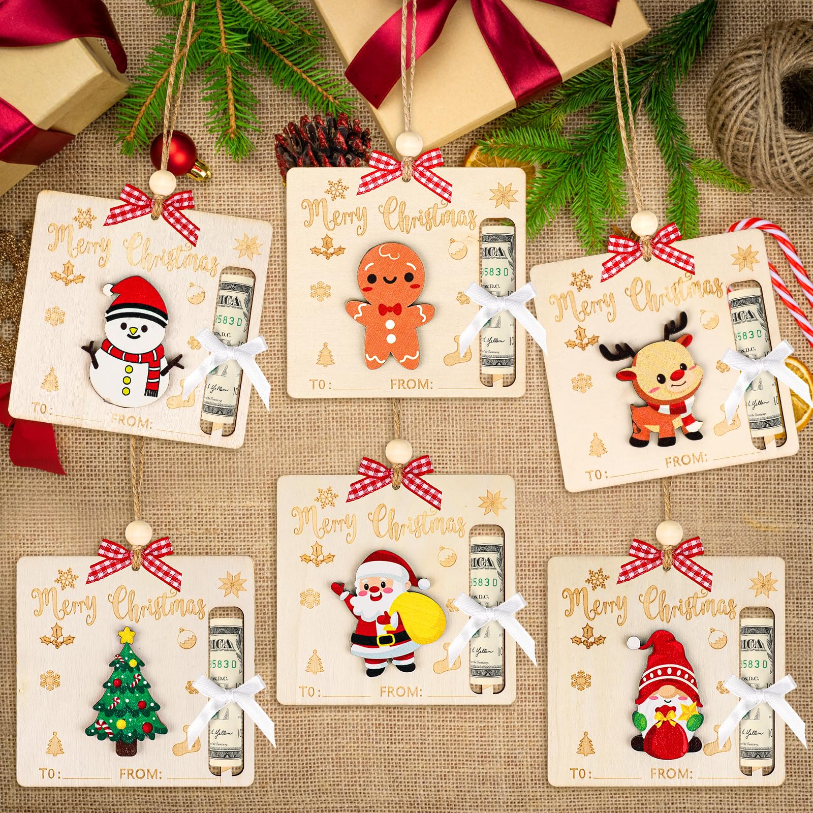Lot De 6 Cartes Porte-Billets De Noël En Bois Avec Personnages - 10x10 Cm, Pour Cadeaux D'Argent, Décoration De Sapin | Fêtes De Noël