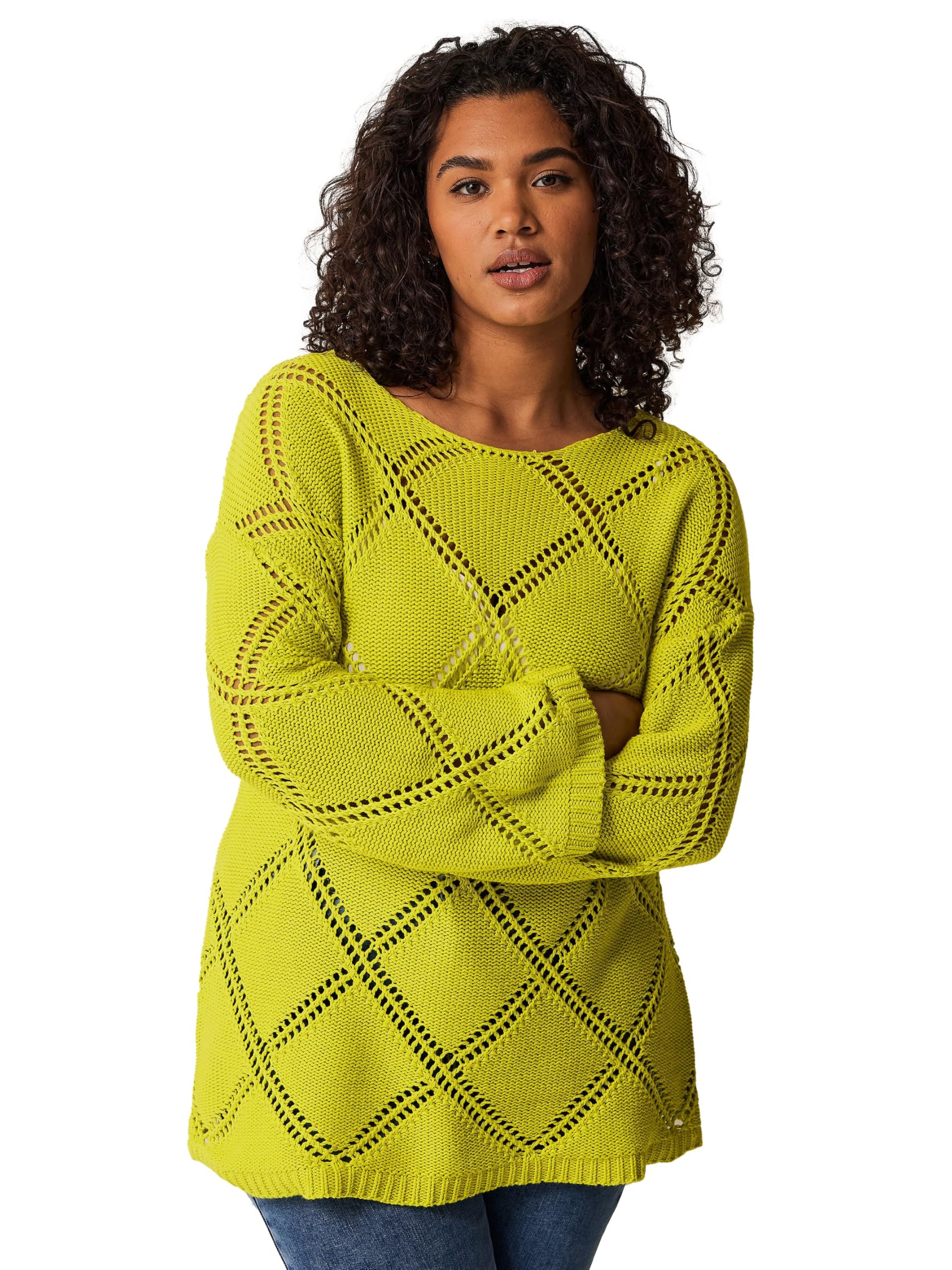 Evans Women's Green Curve Chartreuse Diamond Pointelle Jumper - Plus Size Curve