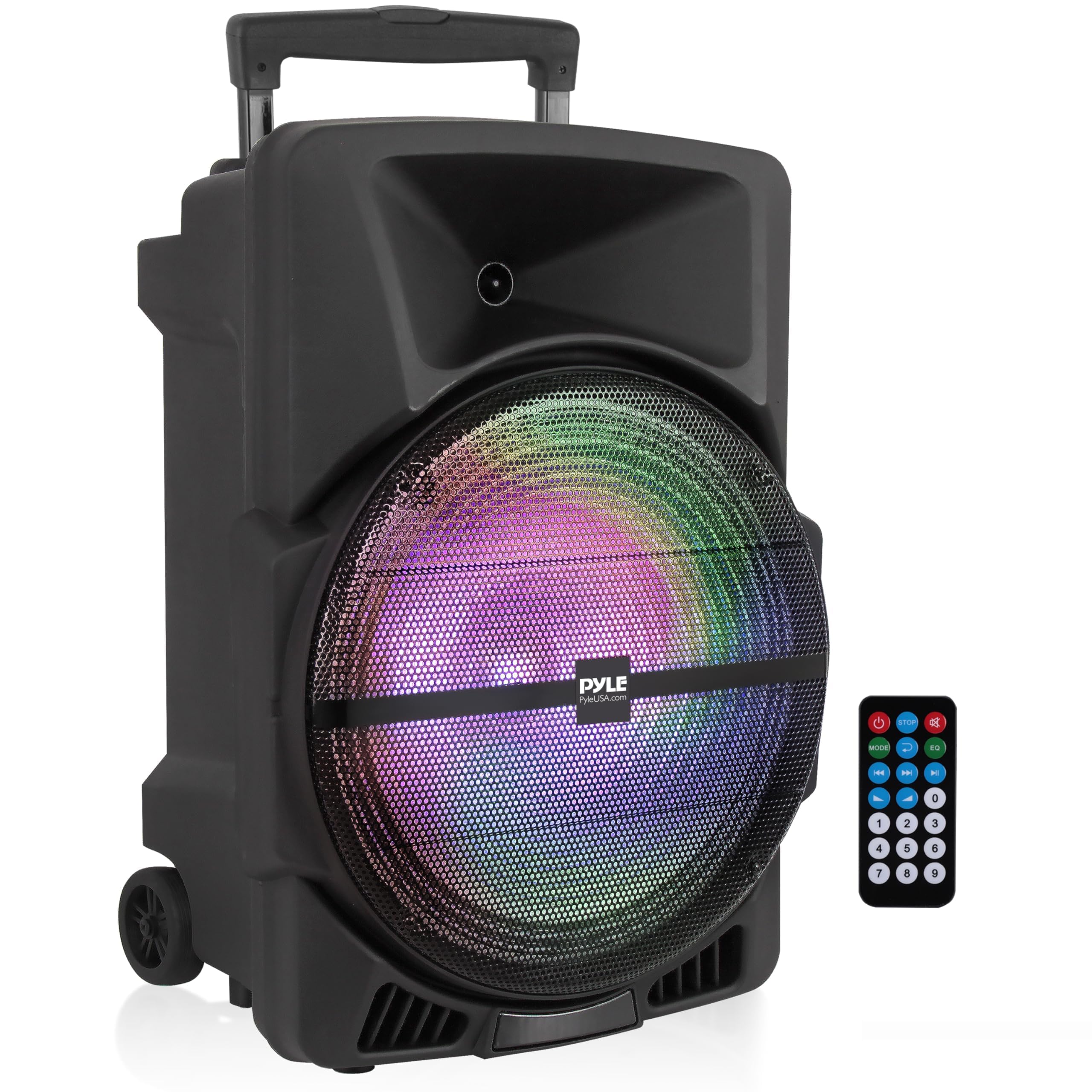 PYLE Sistema de Altavoces, PA,1200W, Bluetooth, Portatil, Recargable, Interiores, Exteriores, subwoofer de 12”, Tweeter de 1”, grabación, micrófono, Luces de Fiesta, Radio USB/SD, Negro