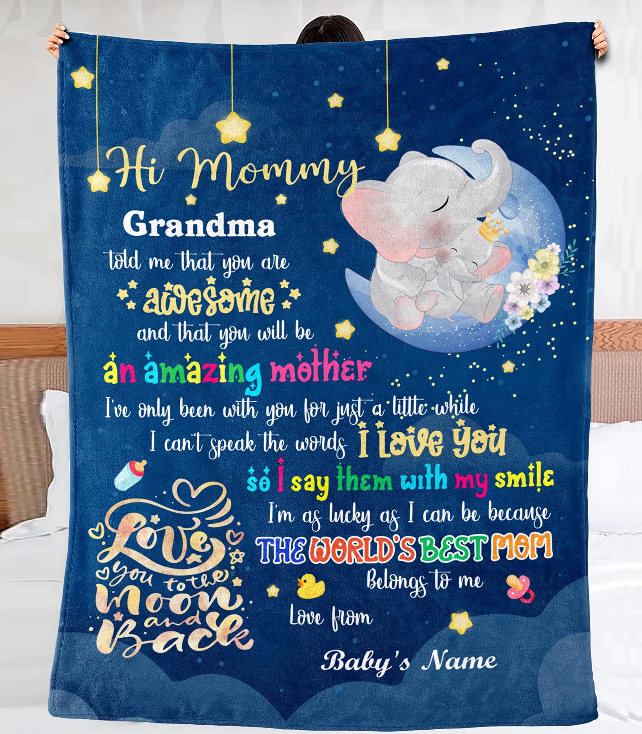 Personalized Blanket for New Mom from Baby Hi Mommy Grandma Told Me That Elephant 1st Mother's Day Cute Sleeping Custom Name Pregnancy Gifts Fleece Sherpa Blanket for Birthday Mothers Day