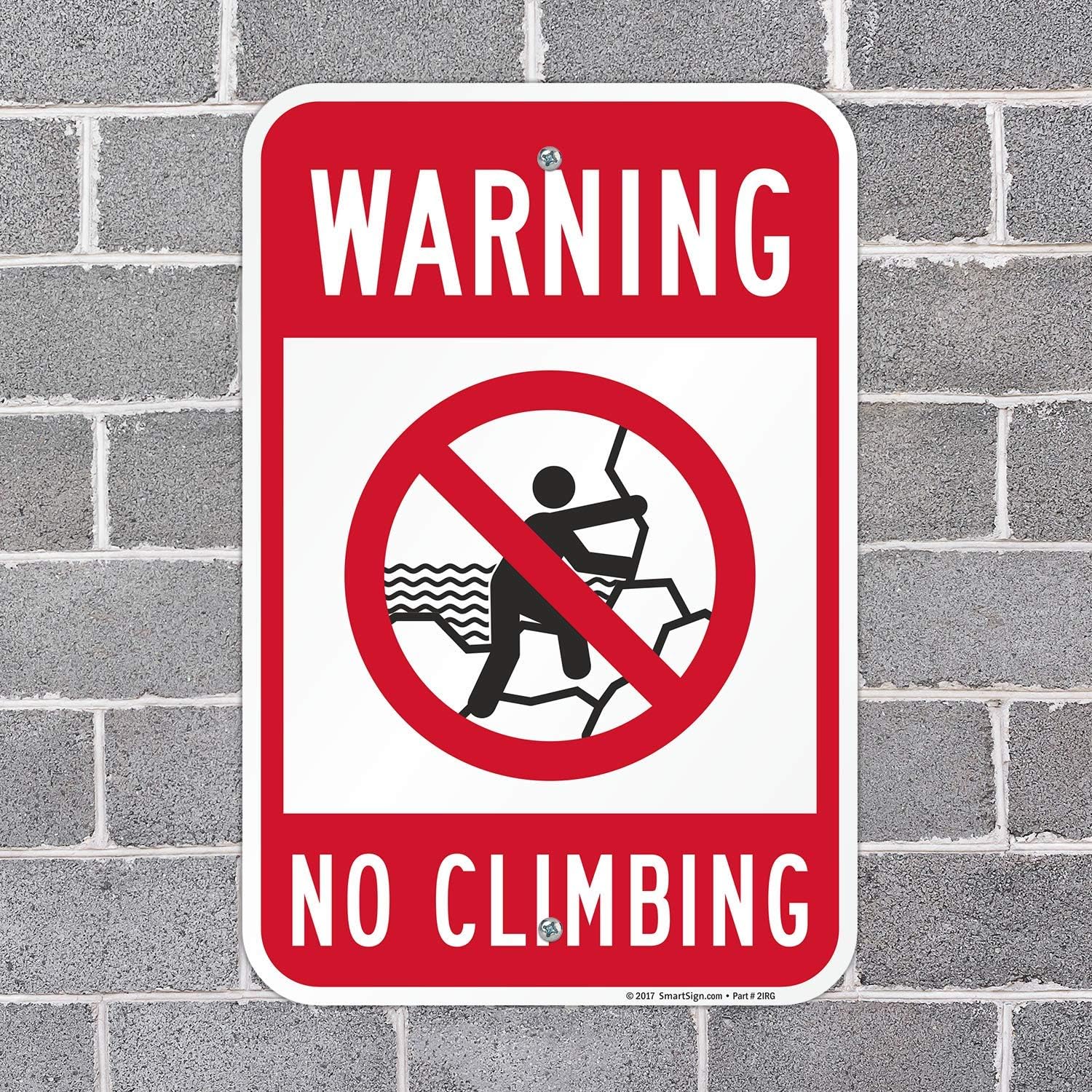 SmartSign 18 x 12 inch “Warning - No Climbing” Metal Sign with Symbol, 63 mil Laminated Rustproof Aluminum, Red, Black and White