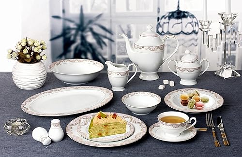 Miniatura 4 de Lorren Home Trends Juego de vajilla de porcelana de hueso "Beauty" de 57 piezas (servicio para 8 personas), color rosa