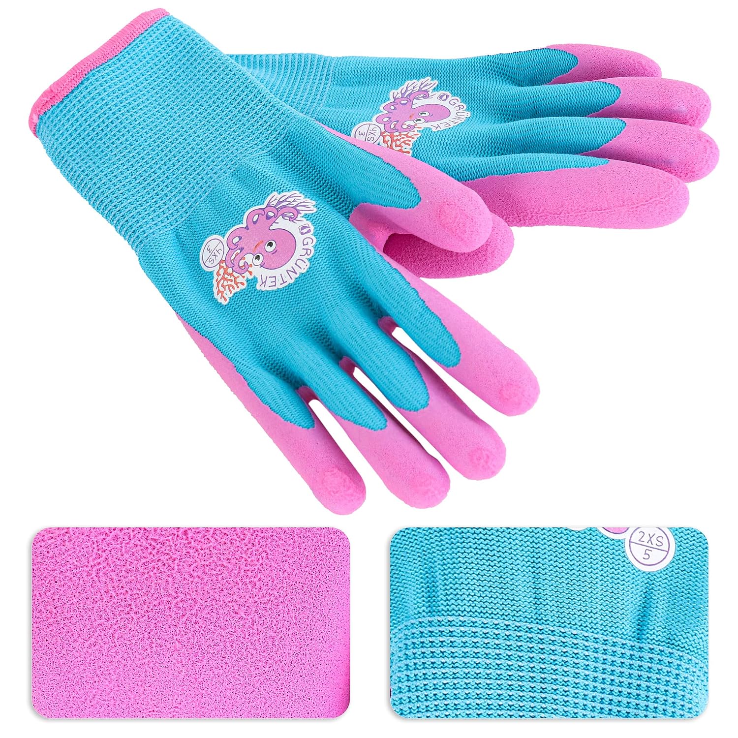 GRÜNTEK Kids’ Gardening Gloves - 4-Pair Set (Size 5, Green Blue Pink Orange, 2XS (Pack of 4) - Image 3