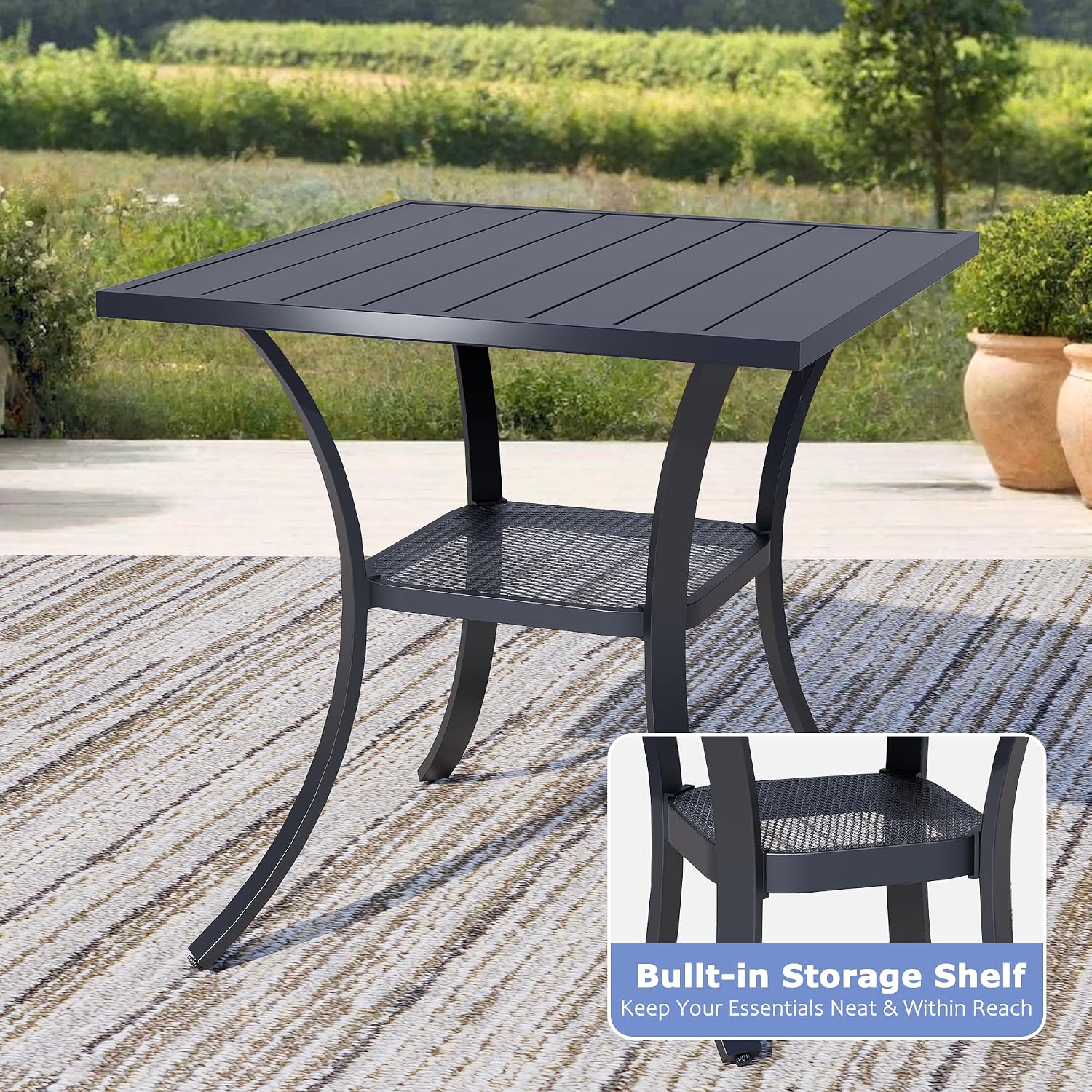27.6" Square Outdoor Patio Table, All-Weather Metal Patio Table with Storage Shelf,Outdoor Dining Table for Lawn Garden Porch, Black