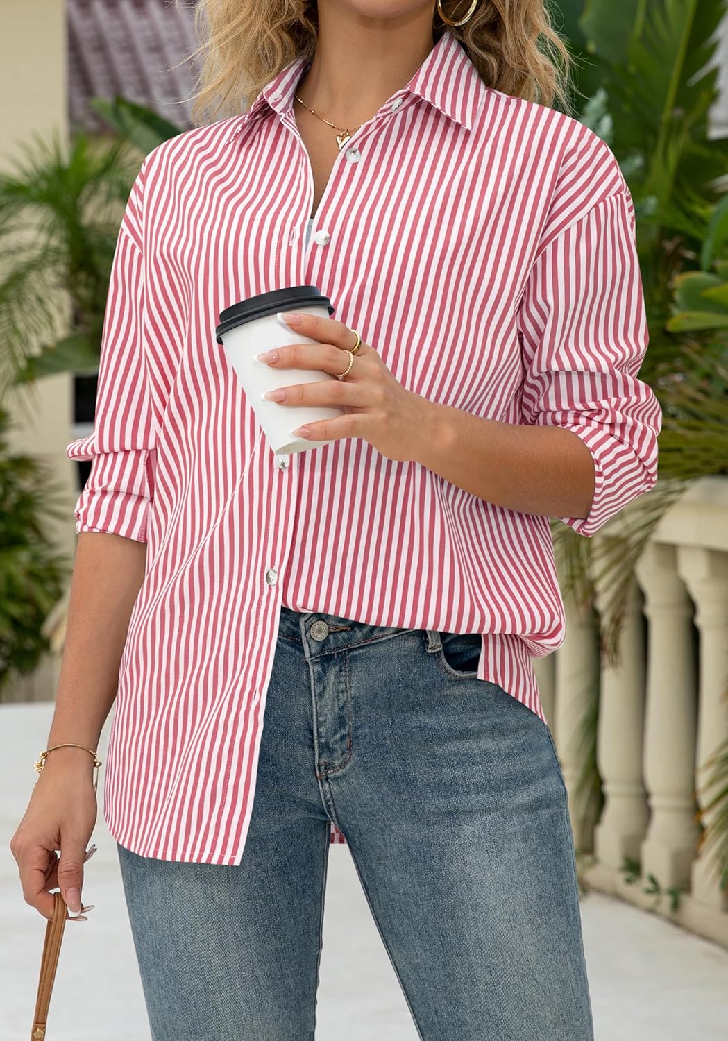 OMSJ Women's Striped Button Down Shirts Casual Long Sleeve Stylish Collared Classic Office Work Blouses Tops - Image 2