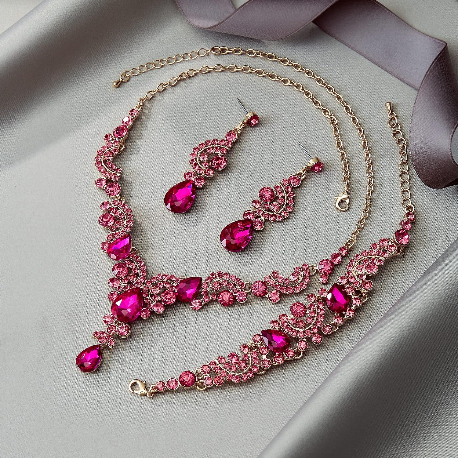 Ever Faith Wedding Jewellery Set for Women Sparkly Rhinestone Crystal Vintage Floral Teardrop Brides Bridal Necklace Earrings Bracelet Sets Prom Party Costume Jewelry 3 Pcs Hot Pink Gold-Tone - Image 4