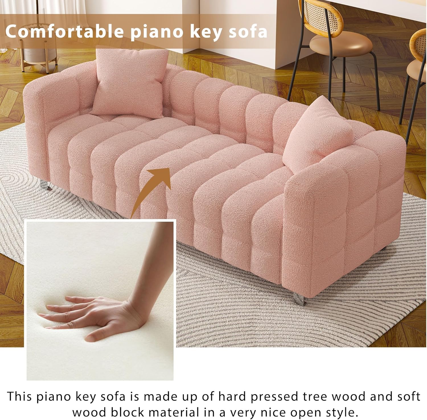 87.4'' Modern 3-Seater Sofa Bubble Couch with 2 Pillows for Living Room,Teddy Bouclé Velvet Deep Seat Sofa Couch, Fluffy Loveseat Sofa with 6 Metal Base Legs for Bedroom/Home/Office(Pink) | Teddy Bouclé Velvet, Deep Seat, 2 Pillows Included, 6 Metal Base Legs, Fluffy Loveseat