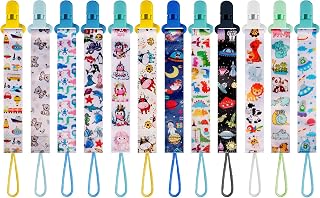 12 Pack Pacifier Clips with Adjustable Strap (32-46.5cm)/Short Strap(25.5cm) - Premium Polyester Baby Pacifier Holder Set, Multi-Design Clips for Boys Girls (Multicolor H 26cm)