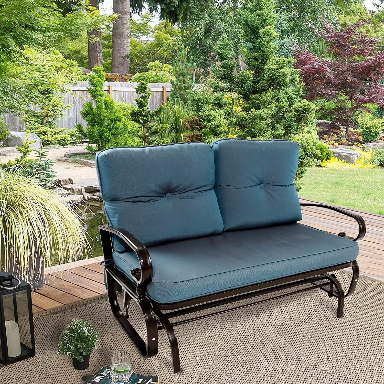 Incbruce Outdoor Swing Glider Rocking Chair Patio Bench for 2 Person, Garden Loveseat Seating Patio Steel Frame Chair Set with Cushion, Peacock Blue : Patio, Lawn & Garden