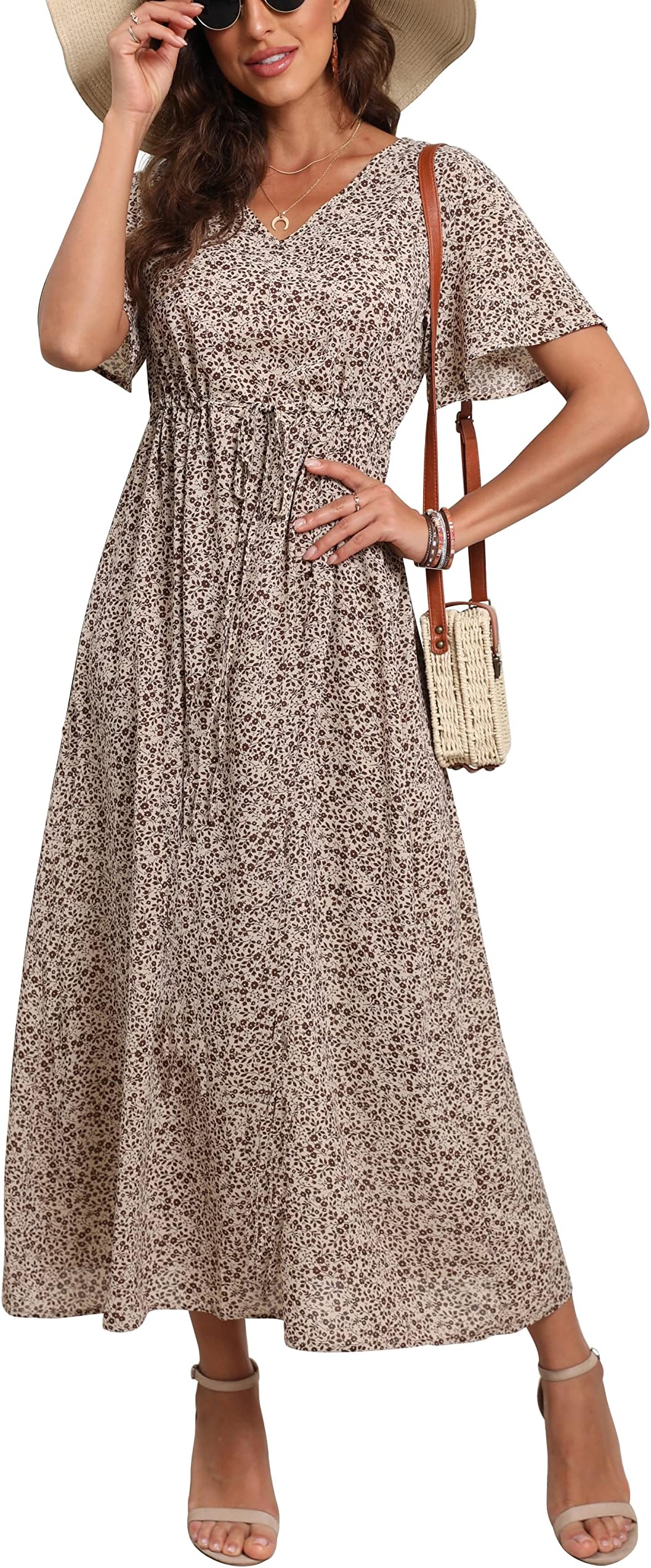 GRECERELLEWomen's 2023 Summer Floral Print Cross V Neck Dress Bohemian Flowy Long Maxi Dresses