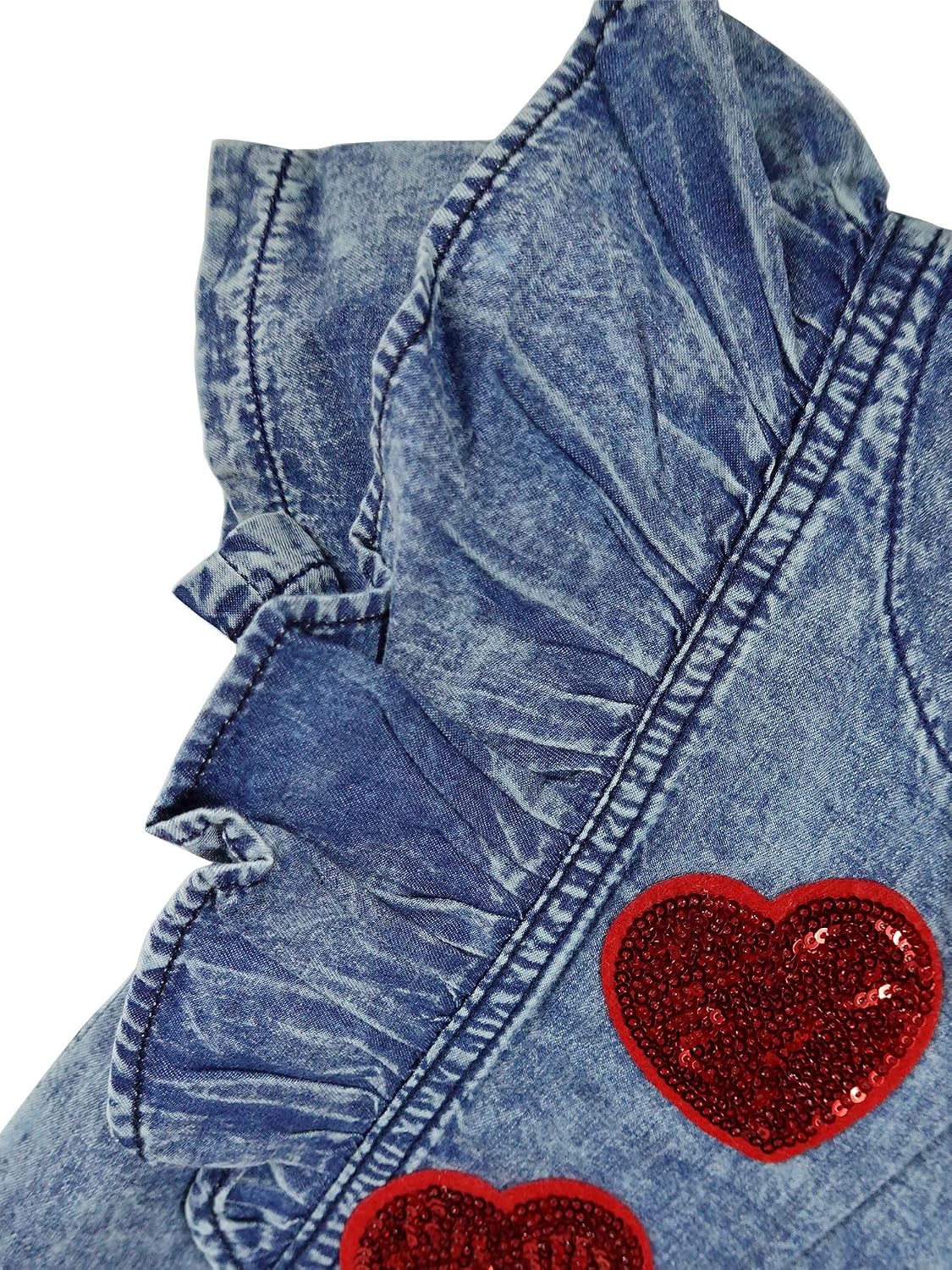 KIDSCOOL SPACE Baby Little Girl Red Heart Sequin Decoration Summer Short Sleeve Denim Dress