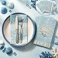 Vista 2 de Jetec 200 servilletas de papel costeras con conchas marinas, toallas de mano de papel para baño, desechables, diseño de estrella de mar azul marino