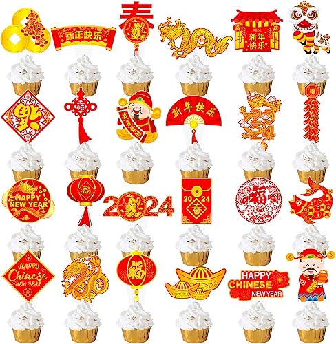 Miniatura 2 de Decoración para cupcakes de Año Nuevo chino, 48 piezas de palillos para cupcakes de Año Lunar 2024 Año del Dragón, decoraciones de fiesta orientales