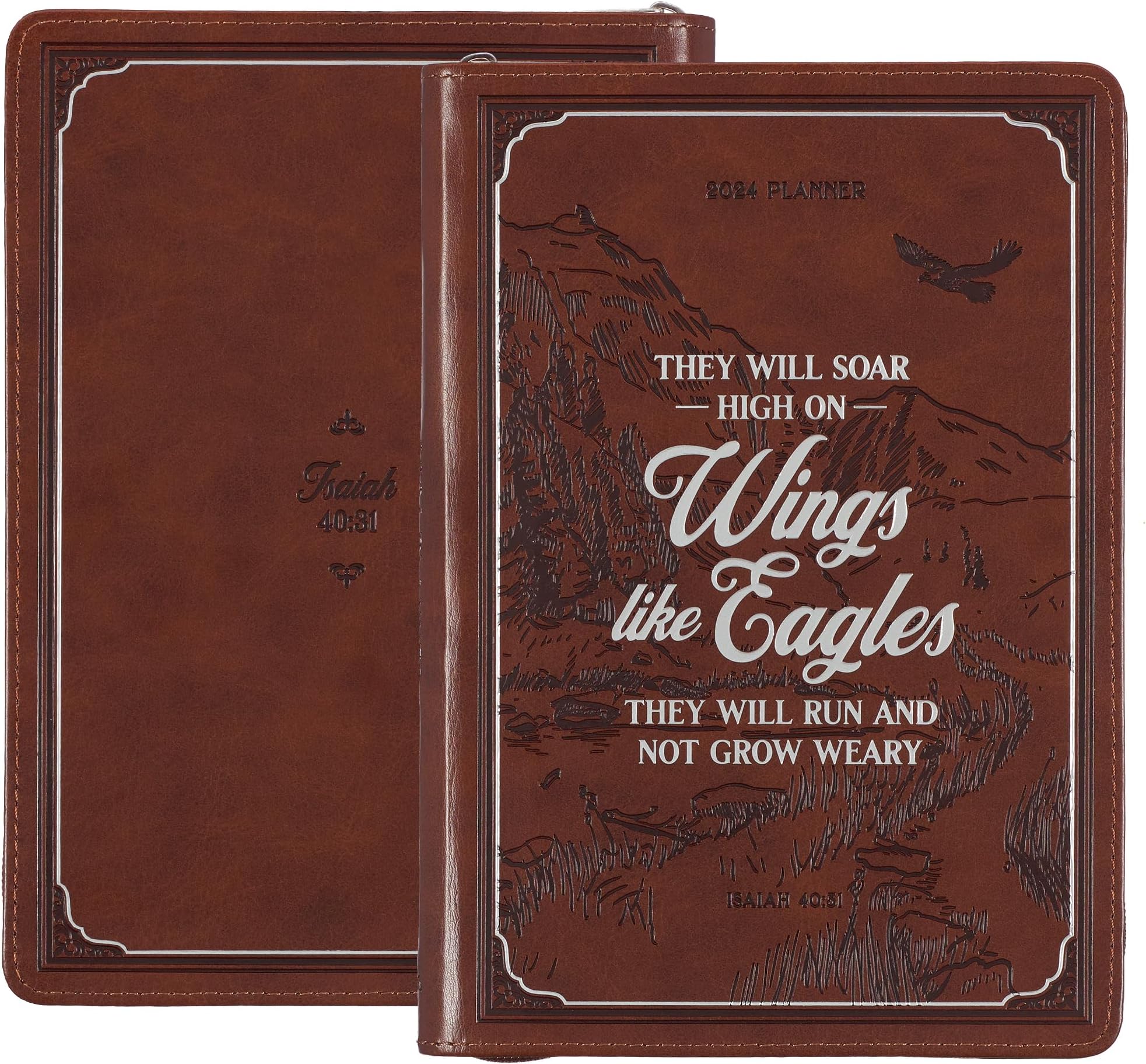 Christian Art Gifts2024 12 Month Executive Vegan Leather Planner for Men & Women: Wings Like Eagles - Isaiah 40:31 Inspirational Bible Verse, Daily Personal Organizer w/Zipper Closure & Ribbon, Brown